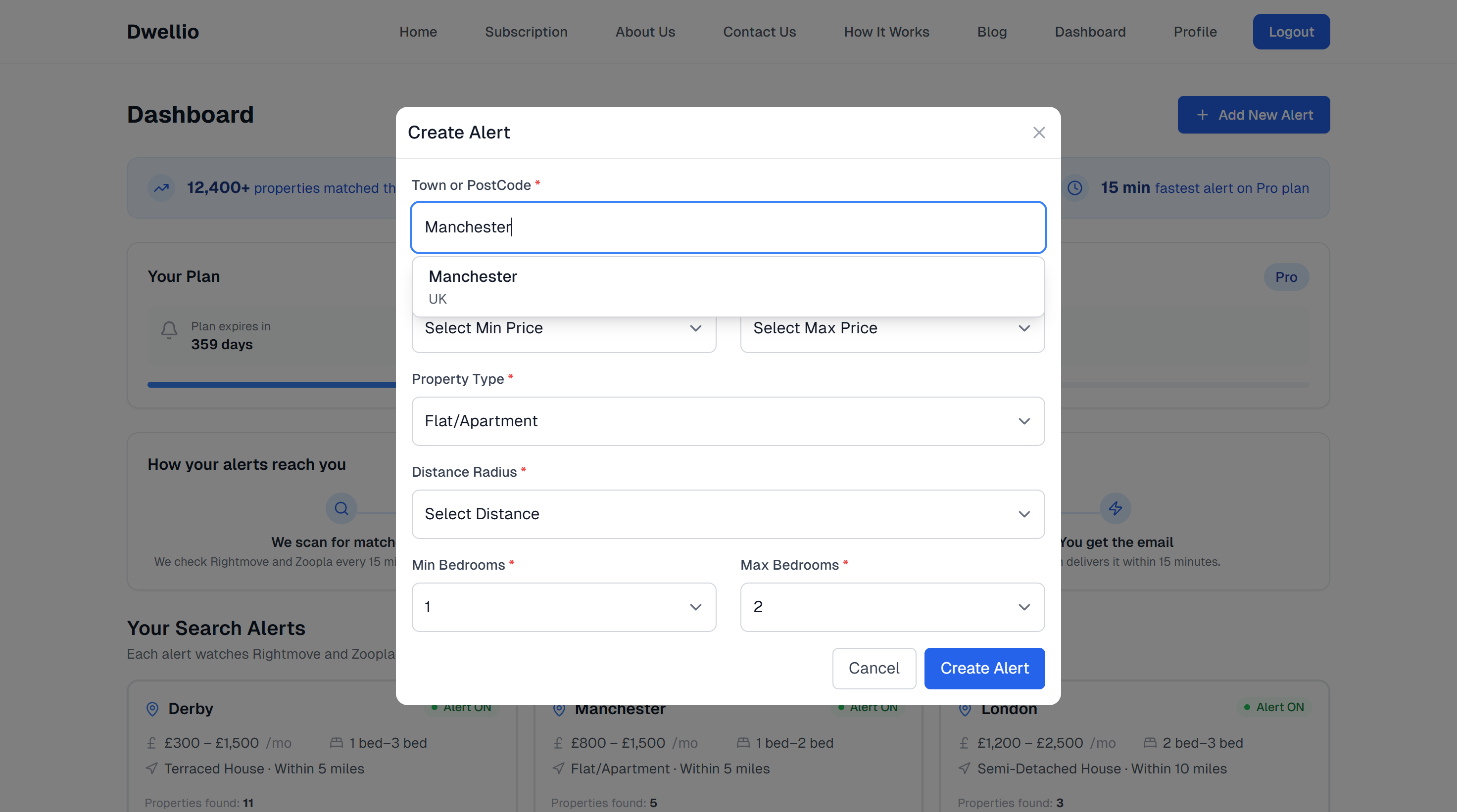 Dwellio preference setup showing location, radius, and budget filters